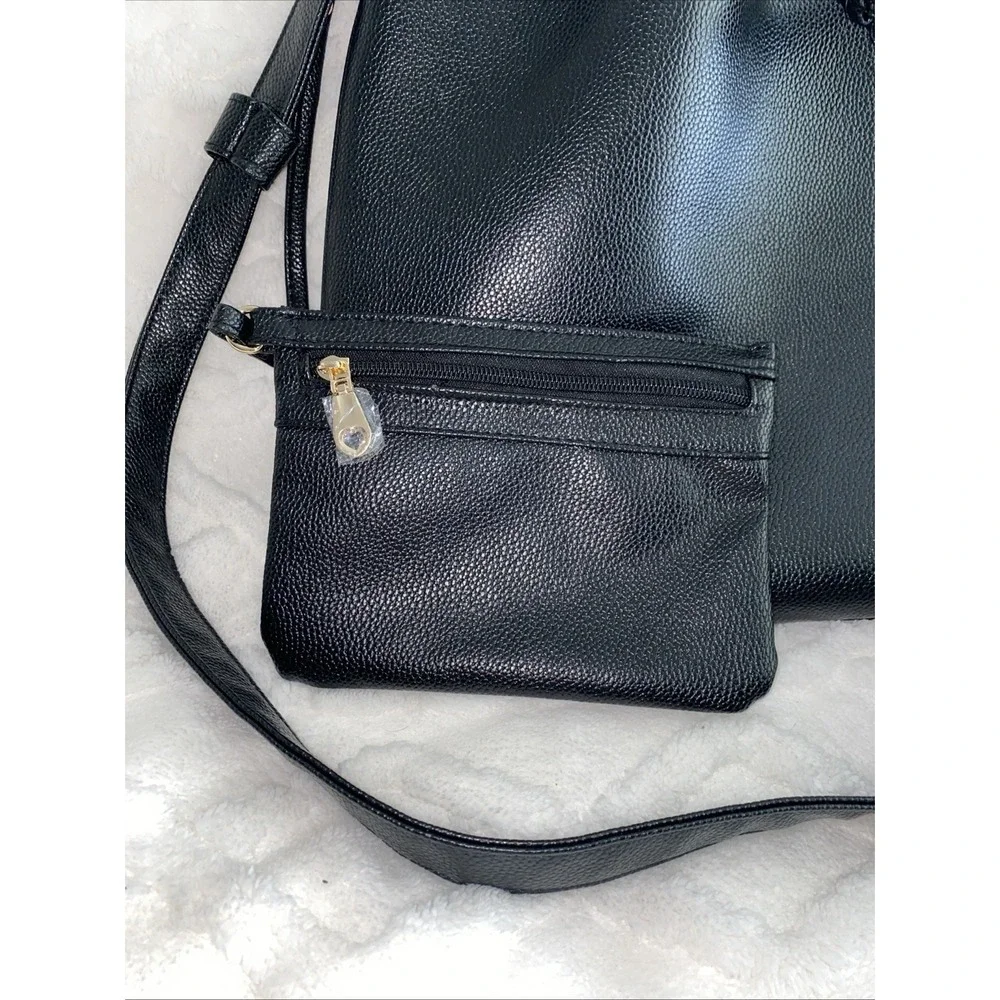 NWT‎ Bella Russo Black Cinched Fake Pebbled Leather Tote Bad Purse Set
